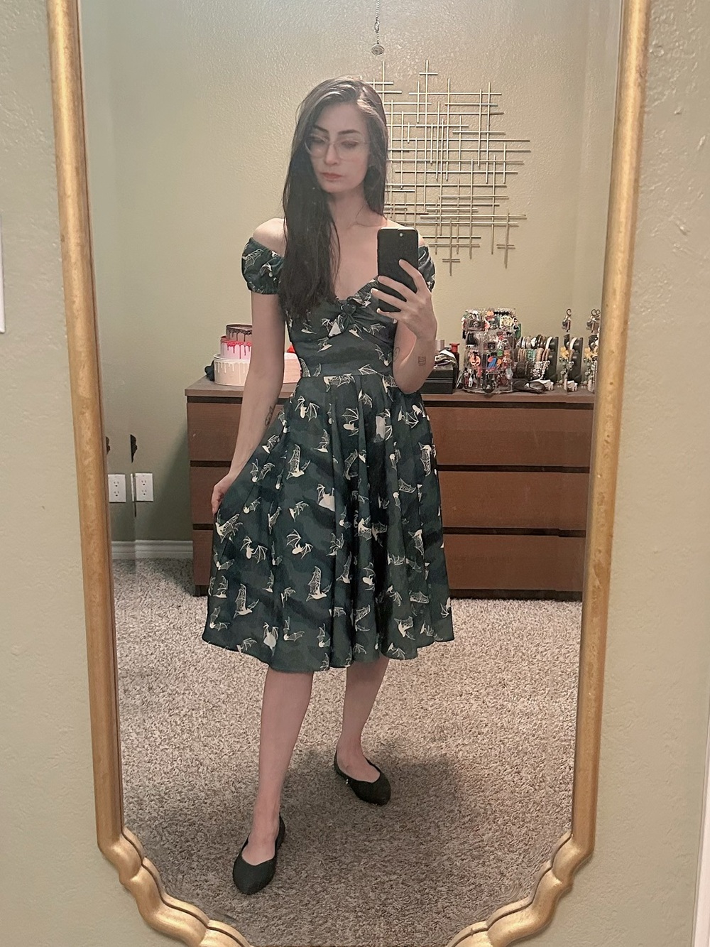 Grey Halloween bats pinup girl clothing Natalie dress